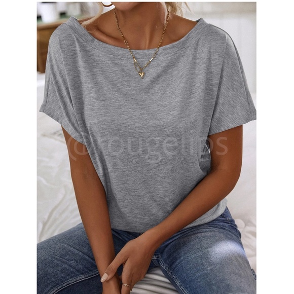 Boat Neck Batwing Sleeve Grey Tee Shirt Short Sleeve - Picture 2 of 8